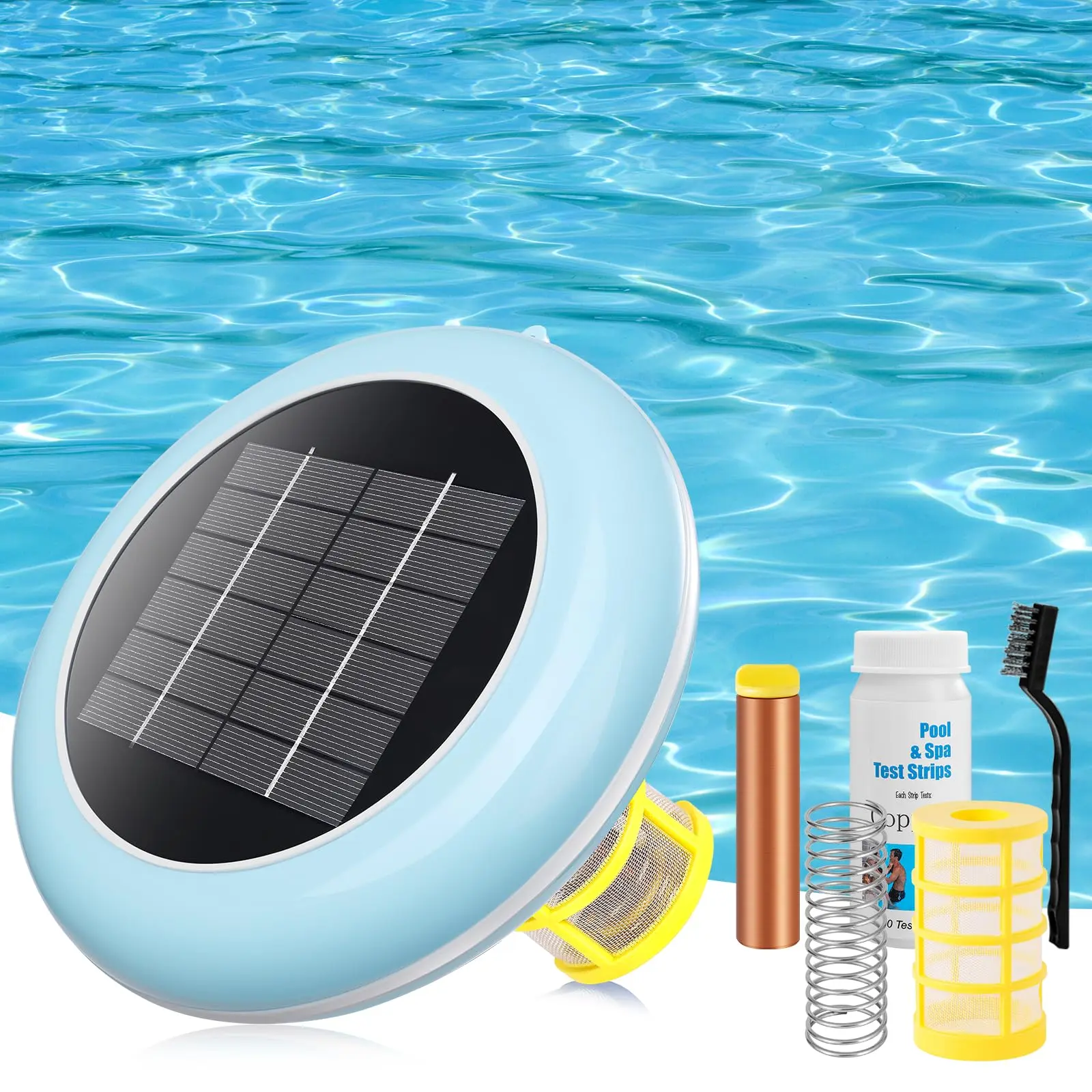 Solar-Powered Pool Ionizer with Smart Copper Rods Ionization, Floating Automatic Cleaner & Purifier, Pool Equipment for Up to 45,000 Gal, 85% Chlorine Reduction, Algae Cleaning Solution, Algae Pool Cleaning