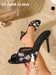 2026 Summer Women's Mesh Floral Embroidered Peep Toe Mule Heels Slip-On Stiletto Sandals 2 Colors Comfortable Versatile Date Beach Party Shoes Comfortable outdoor wear women shoes, versatile for dating, beach and party occasions