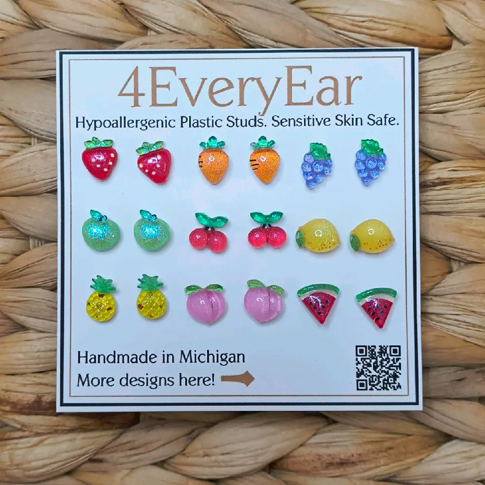 Kawaii Food Stud Earrings Full Collection | 9 Pair Hypoallergenic Plastic Post Earrings for Sensitive Ears | Premium Gift Set