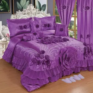 Wedding Set - Pink and White Bedding with Floral Design and Ruffled Edges