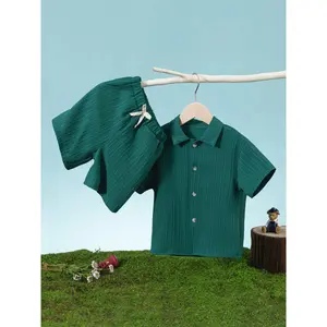 Boys Fashion 2-Piece Set, Wave Stripe Pattern Short Sleeve Shirt and Shorts, Summer Casual School Wear for Ages 3-8, Perfect for School or Outdoors
