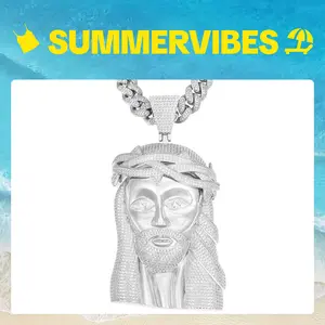2201  Massive Iced Out Hip Hop Rapper Jesus Head Religious Bling Pendant Chain with Diamond Accents customizable with engraved letters, logos or patterns Complimentary shipping
