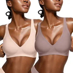 MUMULEE 2PCS Womens Jelly Bras Comfortable Wireless Soft Bralettes Seamless Tshirts Bras Deep V Everyday Bras