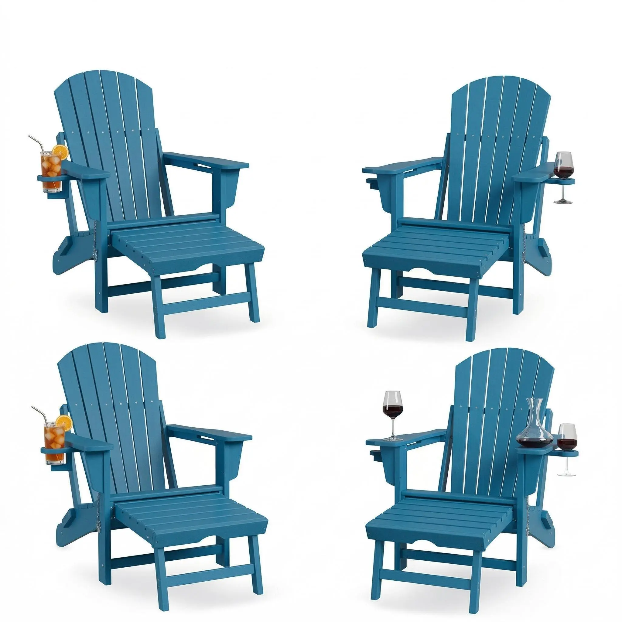 4-in-1 Folding Adirondack Rocking Chair with Retractable Ottoman & Dual Cup Holders, 380 lbs Heavy Duty HDPE Patio Lounge Chair, All-Weather Plastic Outdoor Rocker for Porch, Deck