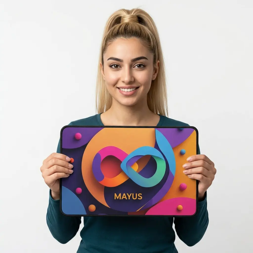 MAYUS Colorful Infinity Desk Mat — Vibrant Abstract Mouse Pad with "MAYUS"
