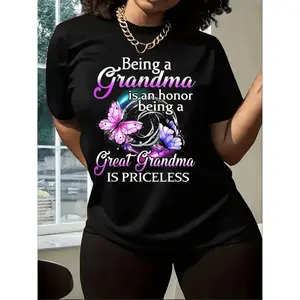 Grandma TShirt Women Being a Grandmother Is an Honor Great Grandmother Priceless Quote Butterfly Graphic Comfort Fit Casual Summer Tee