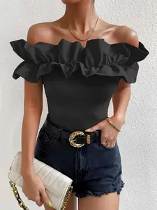 Women's Off Shoulder Ruffle Trim Tee, Chic Solid Short Sleeve T-shirt for Summer, Fashion Casual Women's Top for Daily Wear