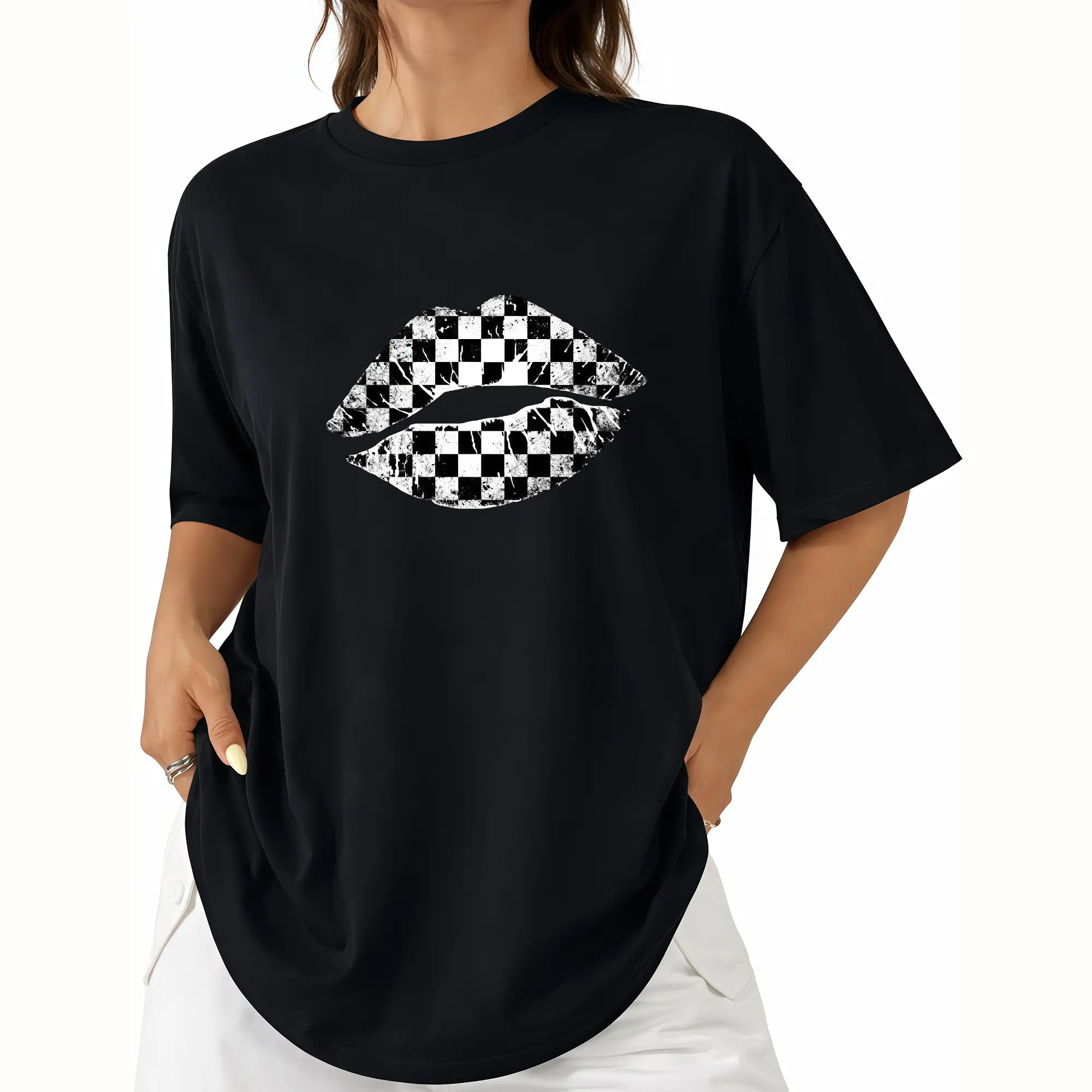 Womens Cotton Short Sleeve Graphic Tee Black And White Checkered Lips Print Casual Summer Top Crew Neck Soft Breathable Streetwear Outfit