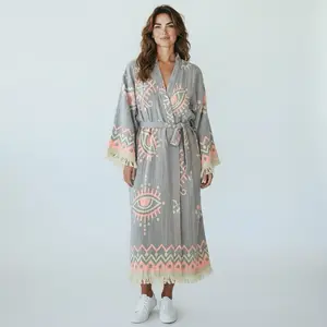 Jacquard Cotton Robe with Pockets, Yoga, Meditation Kimono Robe 100% Cotton Breathable Fabric, Beach Coverup Comfort Traditional Womenswear Comfortable Fit Gowns Loose Loungewear Nightwear Soft Woven Long Sleeve Strap