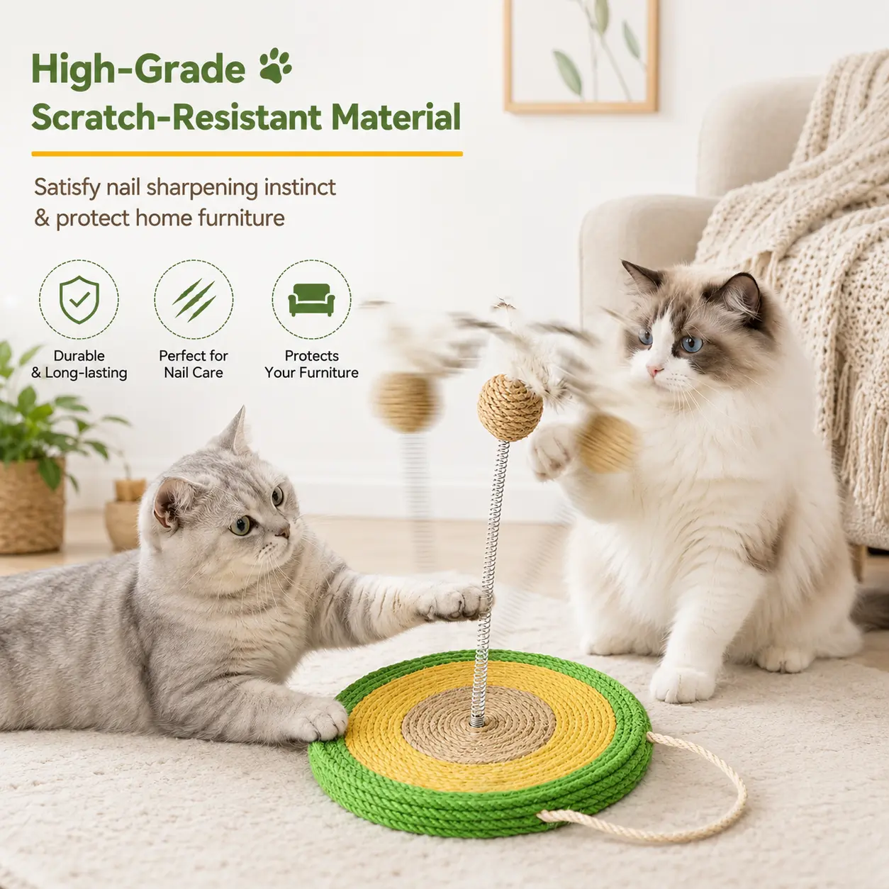 Avocado Pattern Cat Scratcher Toy, Sisal Tumbler Scratching Post for Cats, Interactive Self Play Toy, Furniture Protection Enrichment for All Breeds