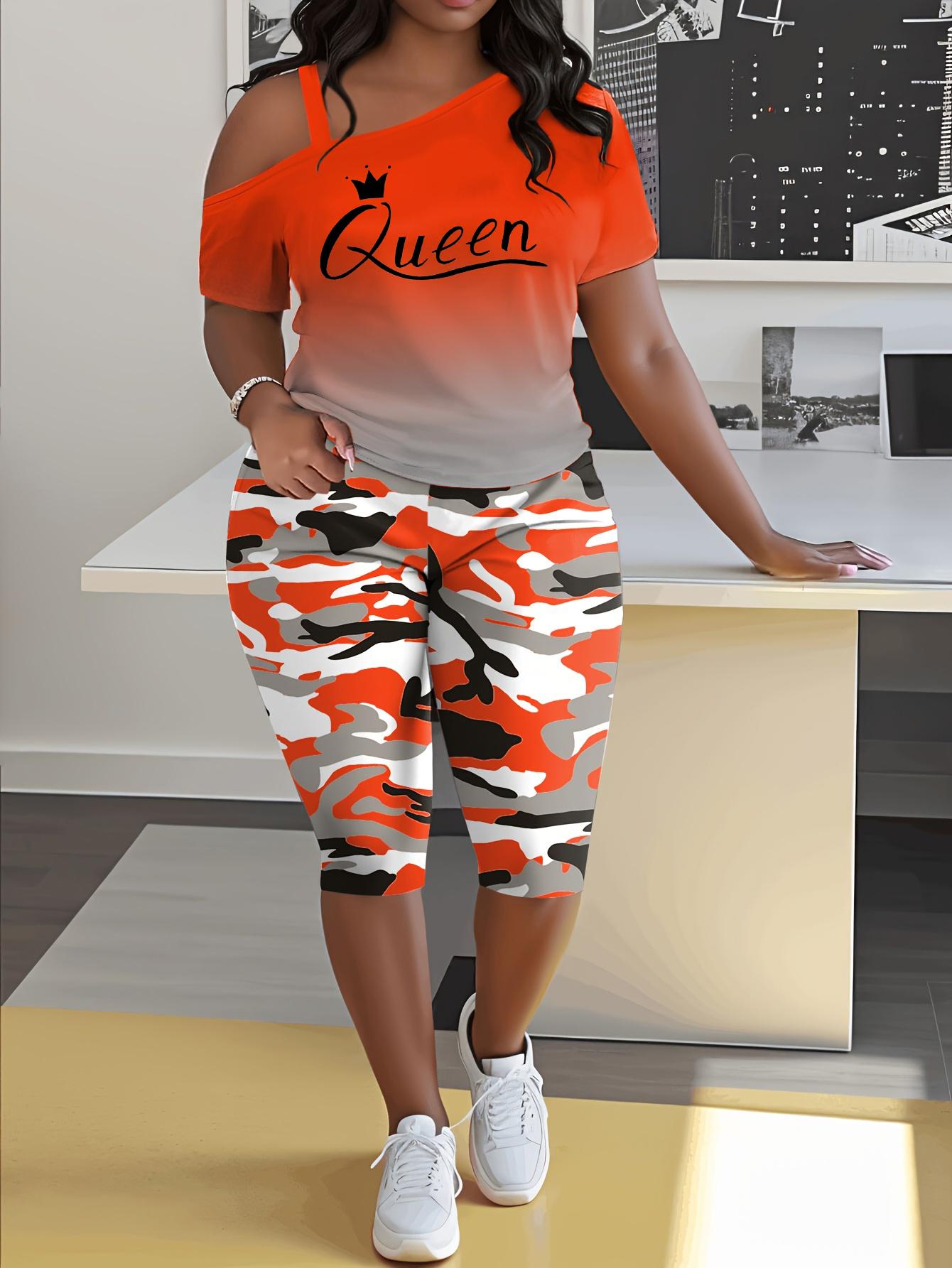 Women's 2-Piece Casual Chic Cowl Neck Shortsleeve Outfits - "Queen" Lettering Camisole, Camouflage Shorts, Casual Vacation Wear, Casual Chic Set