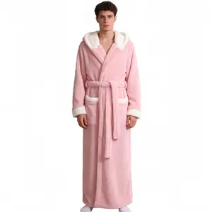 250g Solid Color Robe - Hooded Men's Style in Soft Pink with Faux Fur Trim and Belted Design Elegant Menswear Casual Loungewear Nightwear Stylish Beige Long Sleeve Plain Stylish Beige Long Sleeve Plain Plain Vneck eeyore  onesie aerie plus  size  girl