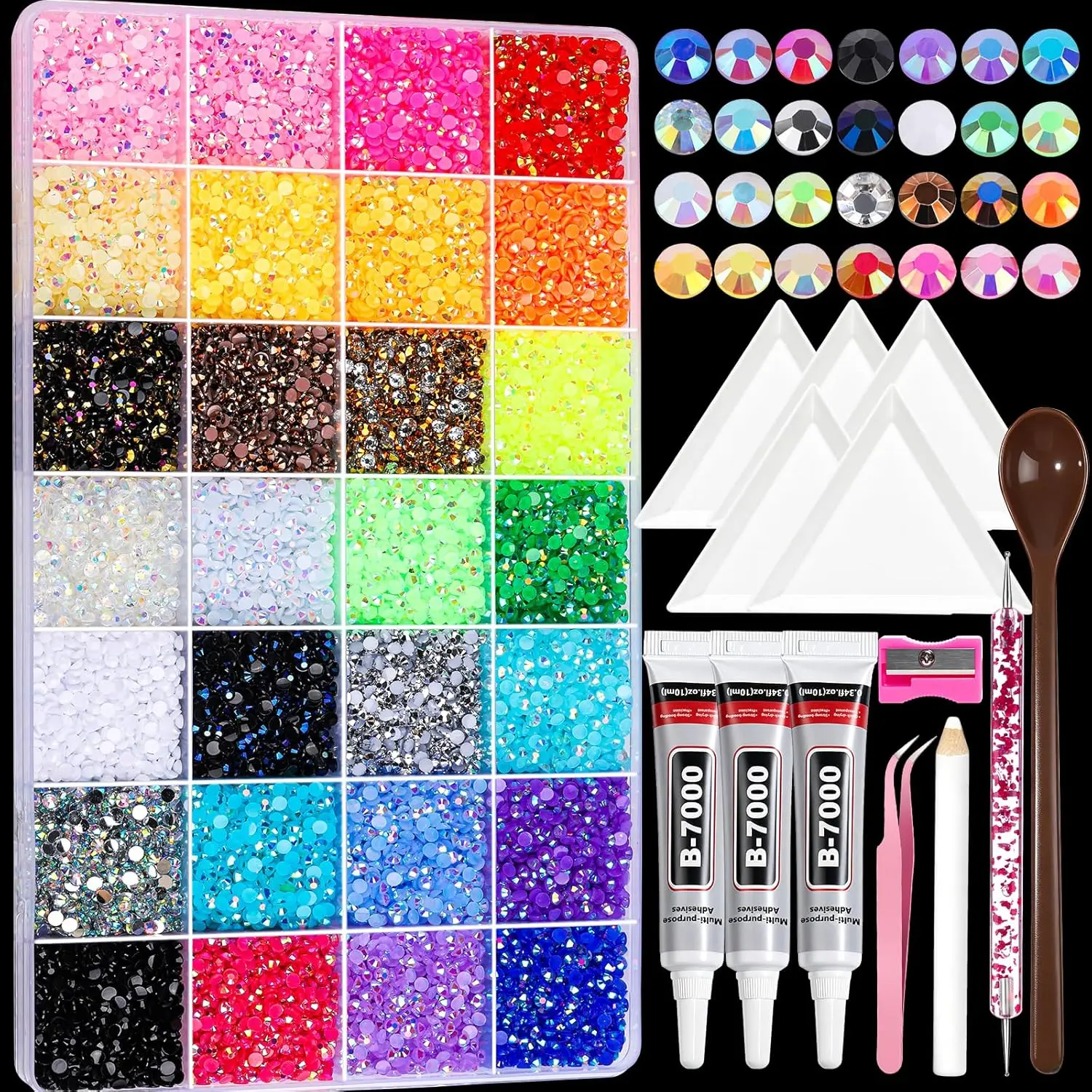 28 Colors Bedazzling Kit 30000 Flatback Rhinestones for Bedazzling | Rhinestone Gems with 3Pcs B7000 Jewelry Glue and Resin Rhinestone for Nail Art Diamond Art Crafts DIY