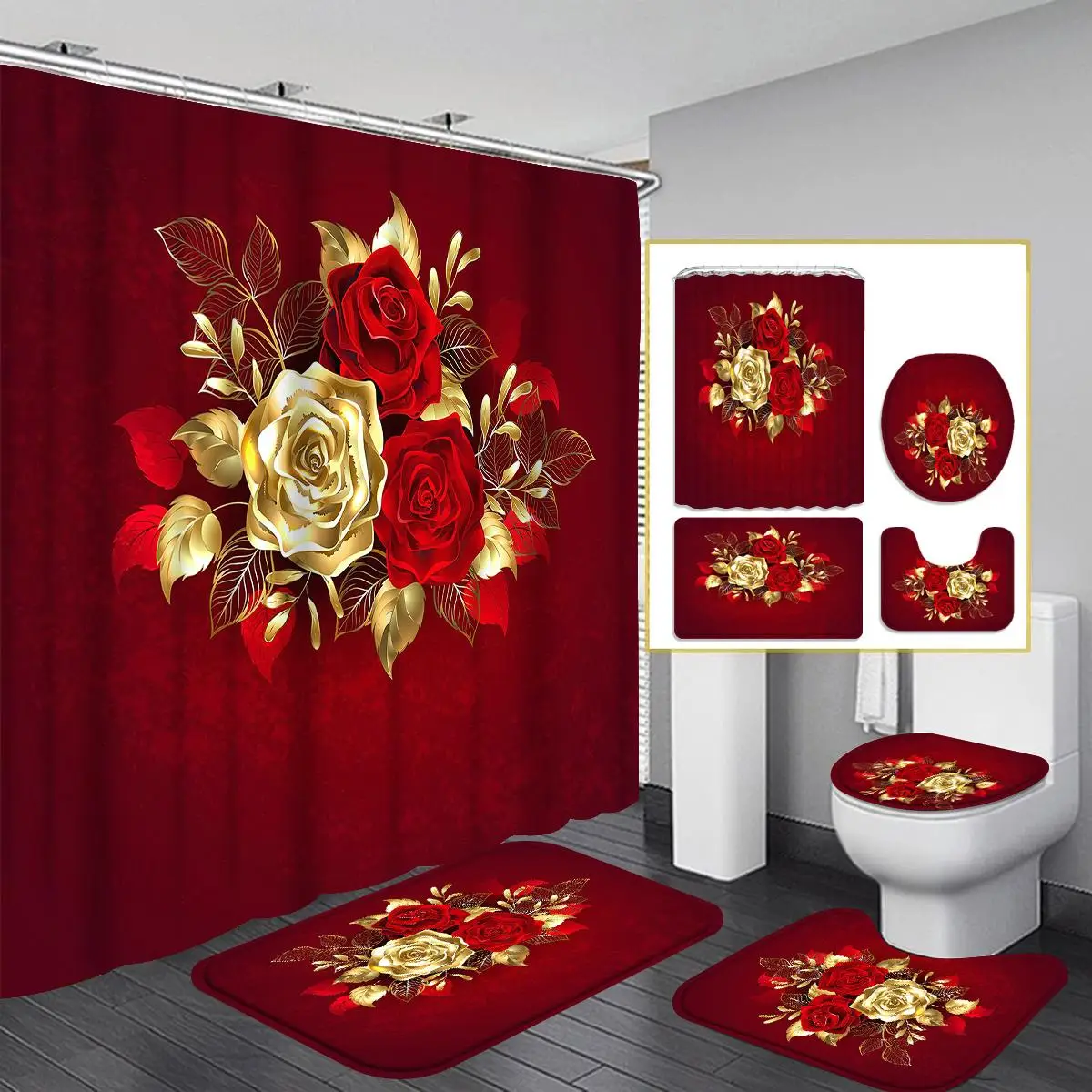 Rose Pattern Shower Curtain, 1/4pcs Bathroom Decorative Curtain with 12pcs Hook & Toilet Mat Set, Water Absorption Non-slip Toilet Carpet for Washroom