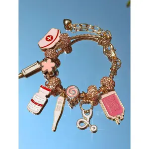 Pink Nurse Hat DIY Charm Bracelet, Medicine Bottle & Syringe Pendant Charm Bracelet, Pink Nurse Stethoscope DIY Bracelet, Pink Cosplay Bracelet spine  bracelet