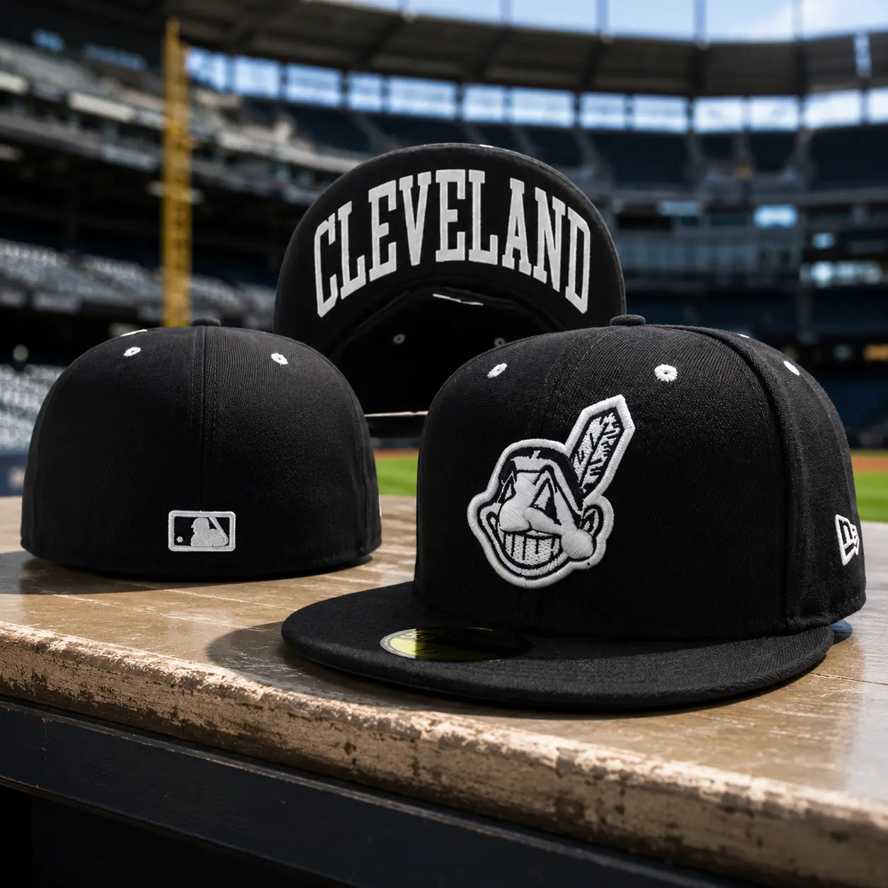Cleveland Indians New Era 59FIFTY Fitted Baseball Cap – MLB Black Flat Brim Hat