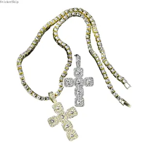 2026 New Hip Hop Cross Pendant Necklace Men 4mm Rhinestone Tennis Chain Iced Sparkling Necklace Women Punk Jewelry Fashion Gift
