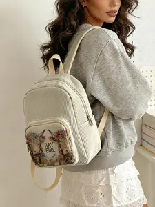 1 piece of 2D printed lady's backpack with floral cow pattern + 'HAYGIRL', velvet texture + layered storage + lightweight and easy to carry | perfect for students to go to class/shopping/short trips | combines atmosphere with practicality