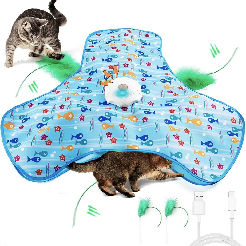 Hide and Seek Cat Toys with 2 Teasing Sticks, Interactive Moving Feathers Real Mouse Squeaky Touch Activated Exercise Rechargeable Toys for Indoor Cats