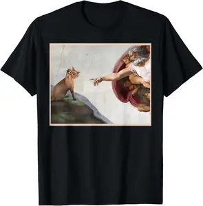 100% Cotton Cat God Creation of Adam Meme Funny Memes Internet Memes Men T-Shirt