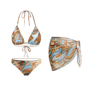 Women's Three Piece Sexy Triangle Bikini Set with Sheer Mesh Sarong Cover Up - Halter Swimsuit for Beach Vacation  SwimWeek  summervibes