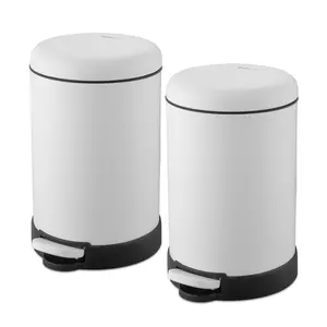 QUALIAZERO 6L / 1.6 Gallon Stainless Steel Step-On Bathroom Trash Can, Round Shape, Pack of 2, Starter Set (Matte White)