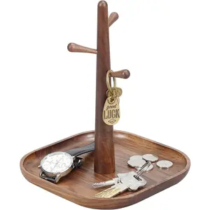 3 Wooden Key Holder with Tray,Wood Decorative Organizer in Entryway for Keys, Wallet and Stuff, Jewelry Stand Display on Dresser (Walnut) (3)