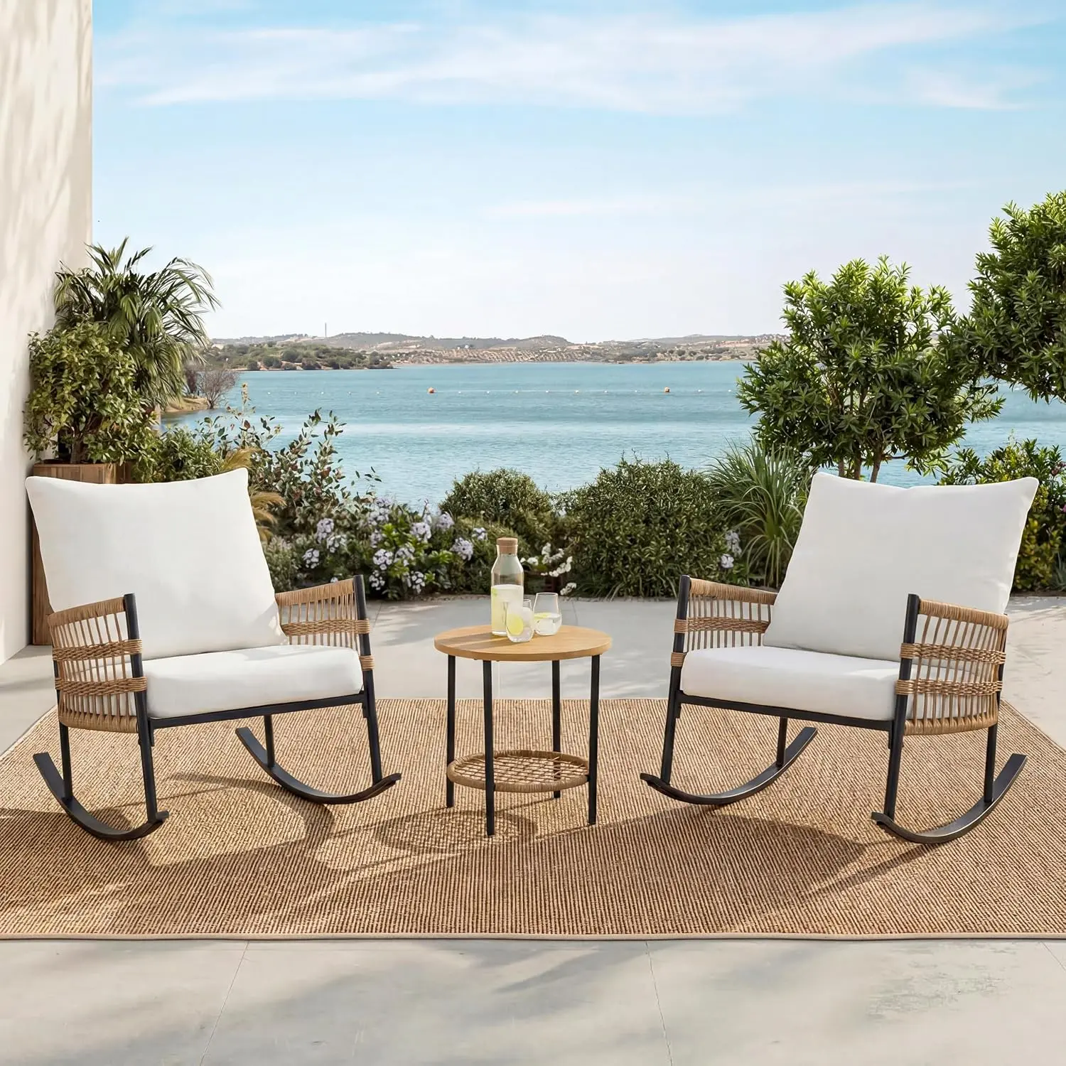 LAUSAINT HOME 3-Piece Patio Rocking Chairs Patio Furniture Set, Outdoor PE Wicker Bistro Set with Thick Cushions, All-Weather Rattan & 2-Tier Coffee Table for Porch, Garden, Patio Furniture Sets, Outdoor Furniture Set