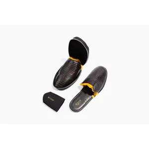 Womens Black Crocodile Embossed Leather Foldable Slipper with Eco-Fur