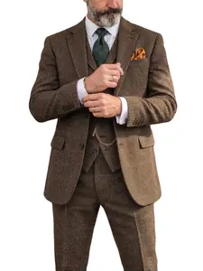 Men's Slim Fit 3-Piece Vintage Tweed Herringbone Suit Perfect for Business Meetings Weddings Formal Events SpringStatements Long Sleeve Beige Menswear