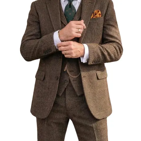 Men's Slim Fit 3-Piece Woven Vintage Tweed Herringbone Suit, Long Sleeve Beige Menswear With Tie, Ideal for Business Meetings, Weddings, Parties, Formal Spring Occasions, Party