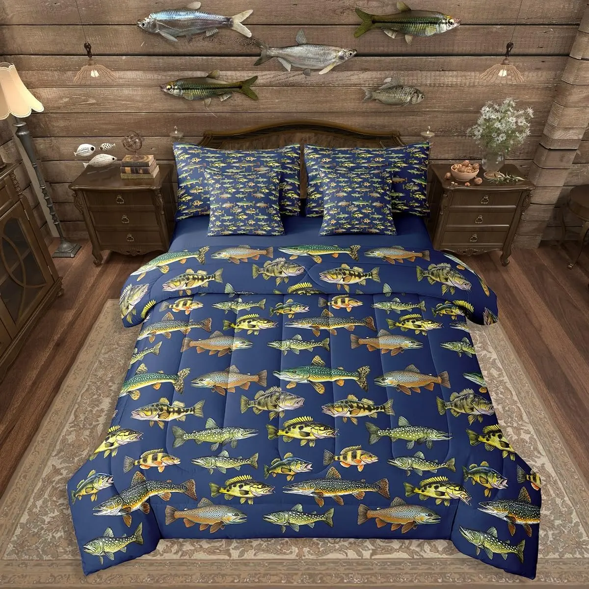 Feelyou 7-Piece Ultra-Soft Pike Fish Print Microfiber Bedding Set - Decorative Vintage Theme Comforter Set with Bed Sheets for Boys, Decorative Bedding Set