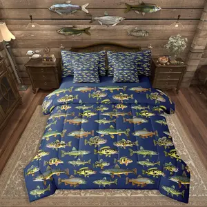 Feelyou 7-Piece Ultra-Soft Pike Fish Print Microfiber Bedding Set - Decorative Vintage Theme Comforter Set with Bed Sheets for Boys, Decorative Bedding Set