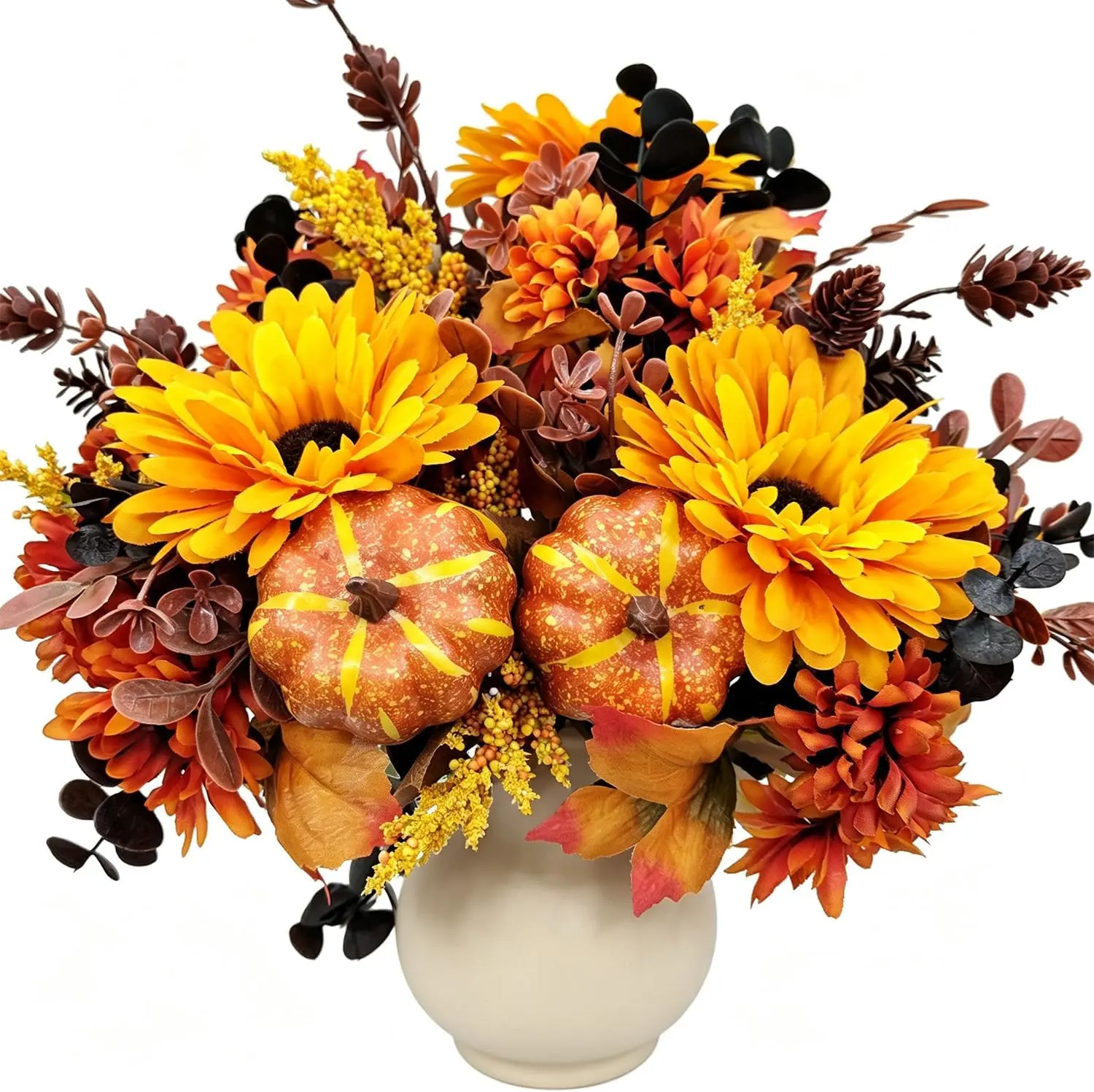 Fall Artificial Flowers Bouquets, 2 Bundles Fall Fake Mums Pumpkin Floral Arrangements for Autumn Home Kitchen Table Vase Centerpieces Wedding Halloween Party Decoration
