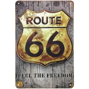 Route 66 Tin Sign, Gold Plaque On The Retro Wooden with Letter Vintage Metal Tin Signs for Cafes Bars Pubs Shop Wall Decorative Funny Retro Signs for Men Women