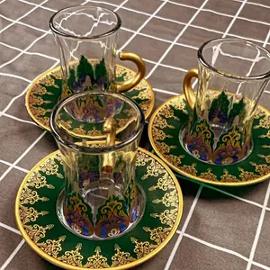 Chai Turkish Cups with Green and Gold Decorative Design for Authentic Tea Experience