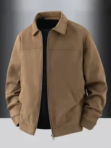 Men's Windproof Jacket, Zipper Closure, Casual Faux Suede Collar, Easy Care Fabric, Suitable for Daily