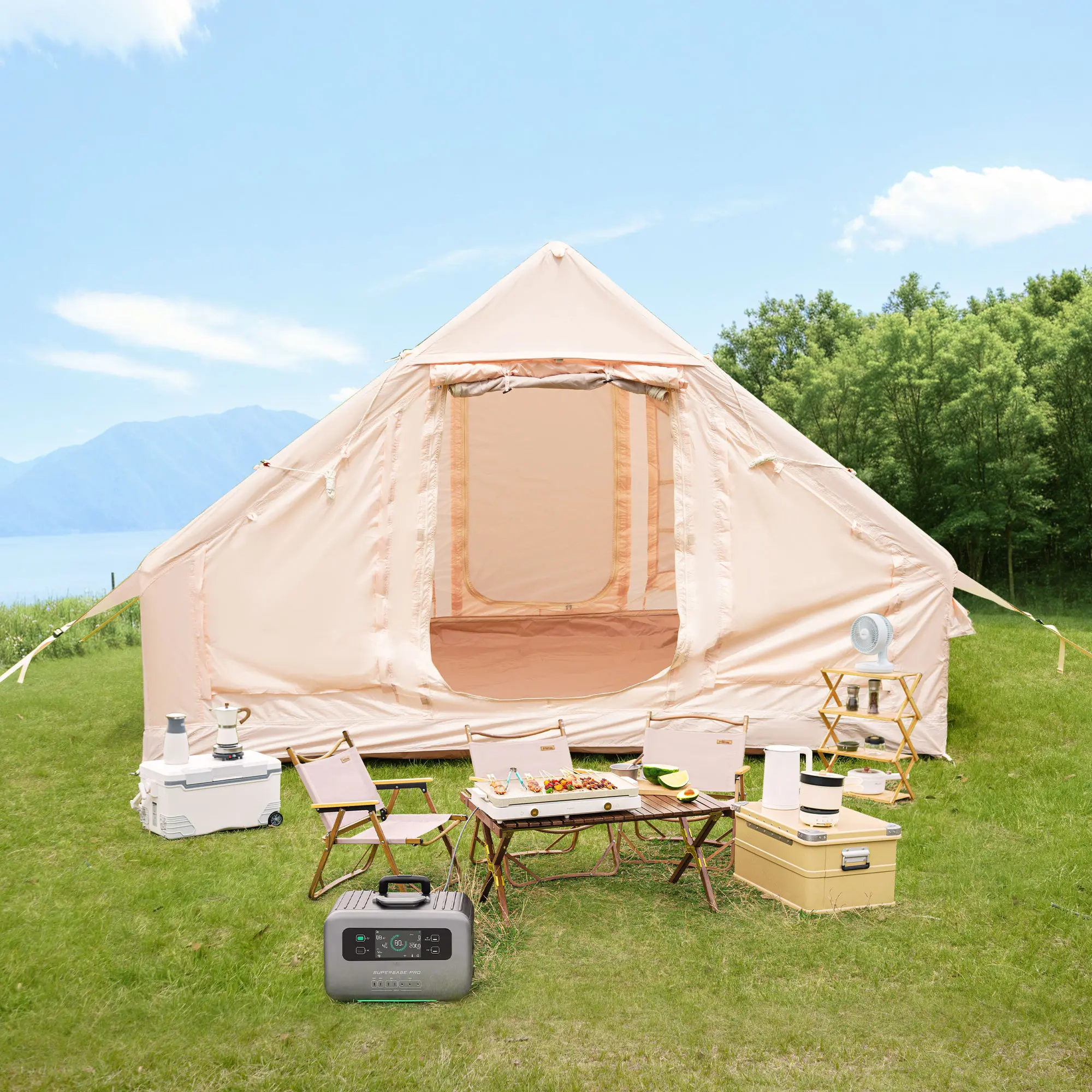 Inflatable Camping Tent with Hand Pump - Air Glamping Oxford Cabin Tent, Easy Setup, Waterproof, Windproof, 4-Season, Mesh & Chimney Window (Outdoor Shade Shelter)
