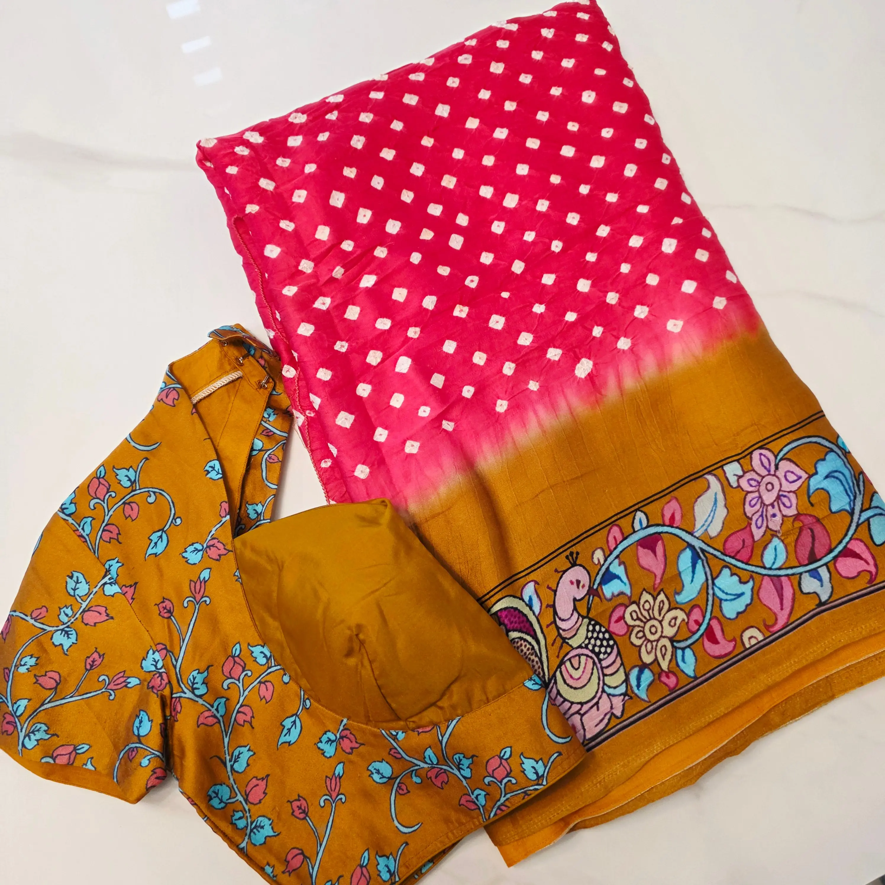 Red and Mustard Yellow- Pure Soft Premium Bandini Saree with Kalamkari Border with Trendy Blouse