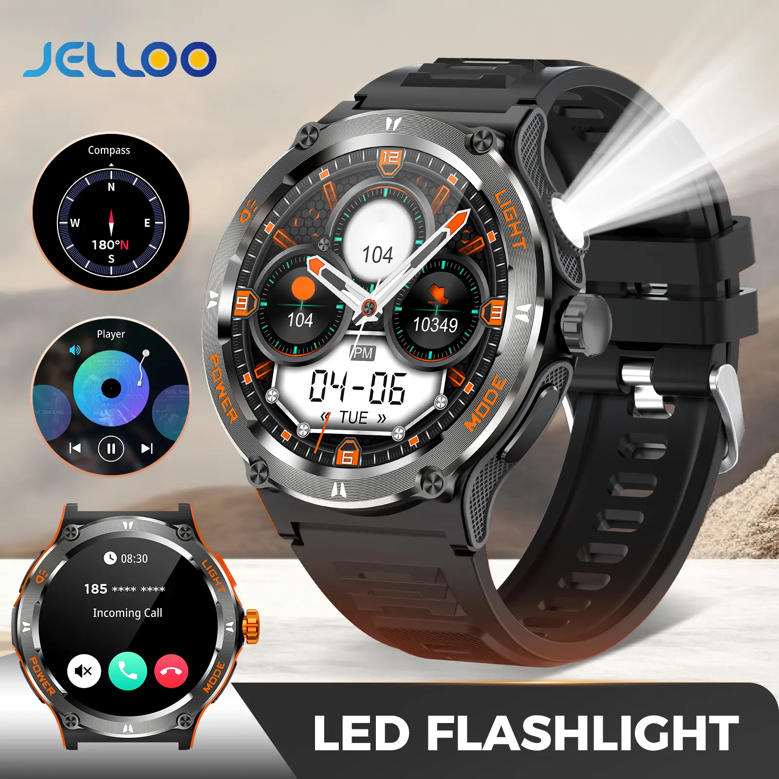 JELLOO Men's Multi-Sports Wearable Smart Watch - Wireless Phone Call, Voice Control, 1.53'' Large Screen, 100+ Sports Modes, LED Flashlight, Metal Build, Android-Compatible, Music Support, Magnetic Charging Cable, Gift Box, Smart Devices, Plastic Accents,
