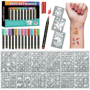MELLOW MORNINGS Temporary Tattoo Markers for Skin 12 Metallic Body Markers & 169 Large Stencils for Kids Adults Flexible Brush Tip Bright Colors Cosmetic-Grade Ink DIY Body Art Painting for Women Men