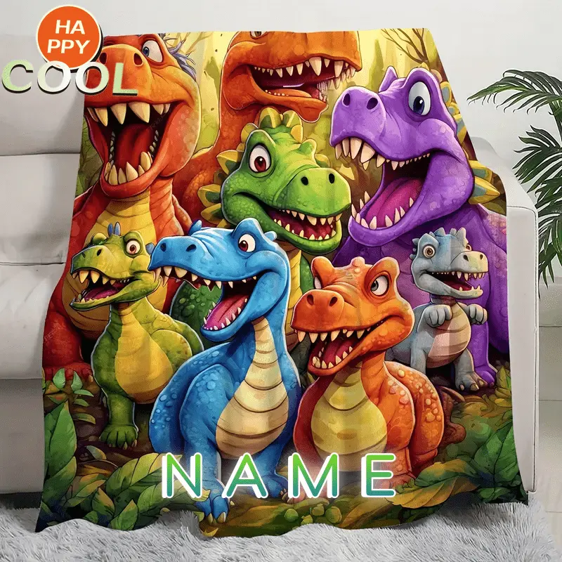 1pc Personalized Cute Smiling Dinosaur Custom Name Printed Flannel Blanket - 100% Polyester, Lightweight Cooling, Lightweight Drape Animal Theme Napping Throw, Throw Size for Easy Drape, All Seasons Multi-Size Bedding, Mother's Day Gift