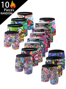 Men's Fashion Long Underwear Set, Comfortable Soft Graffiti Print, Casual Stylish Briefs, Stretchy Boxer Briefs, All Seasons Wear, Undergarments, Random 10 Pack