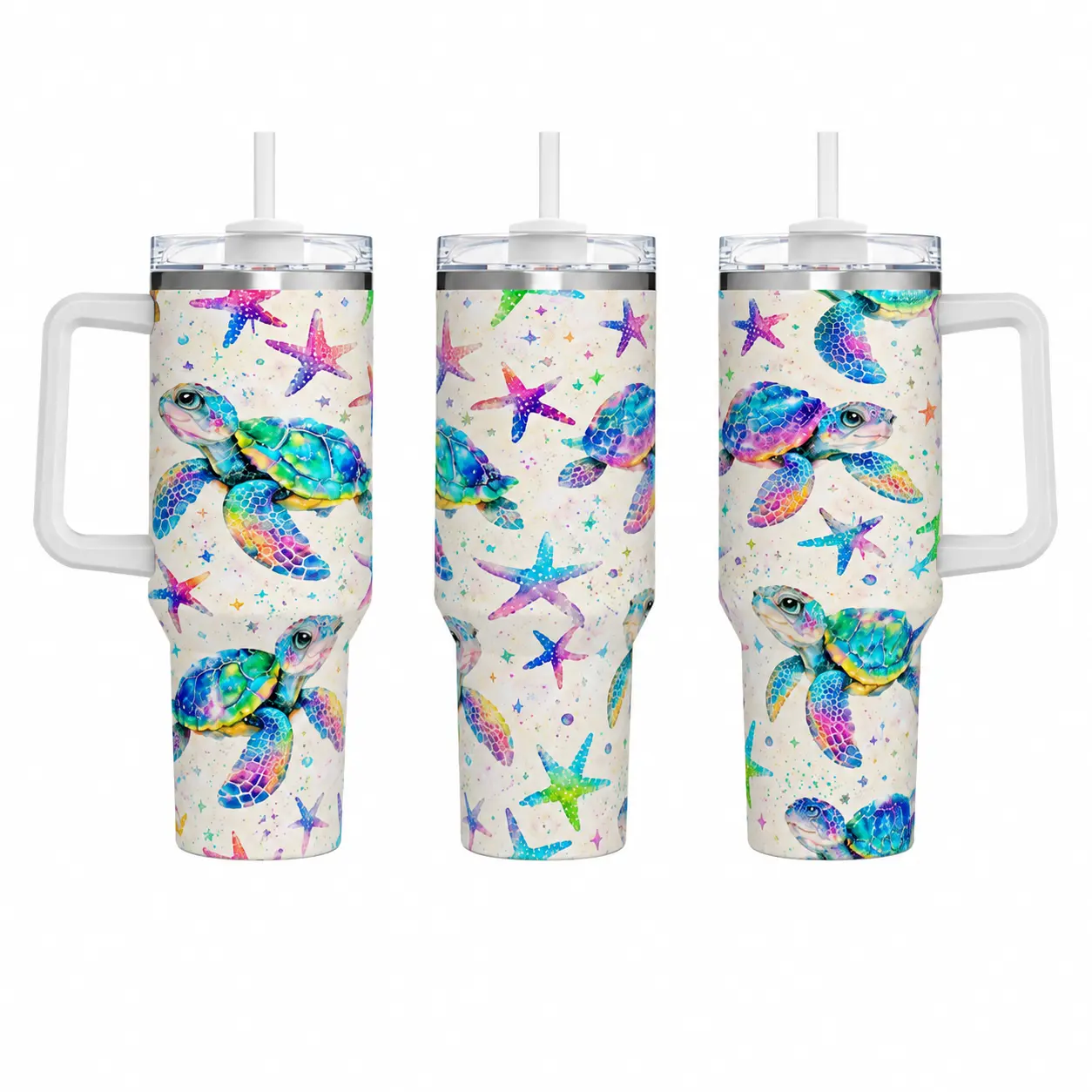 40oz Insulated Stainless Steel Water Bottle Tumbler - Vibrant Rainbow Watercolor Sea Turtle-Starfish Splatter Print, Pastel Tie-Dye Coastal Graphic, Handle, Spill-Proof Straw Lid, Double-Wall Hot-Cold Retention, Beach Summer Gift for Ocean Lovers, Portabl