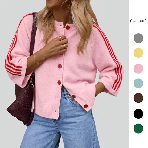 Imily Bela Women Striped Sleeve Knit Cardigan Casual Crew Neck Button Down Cropped Sweater Jacket Y2K Fall Outfits
