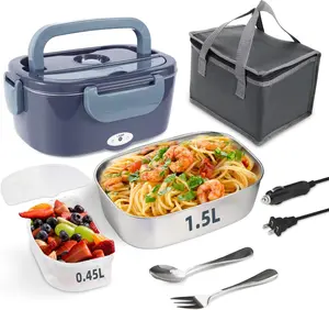 Electric Lunch Box with Lid & Silicone Sealing, 12V-24V-110V 80W Portable Food Warmer, 1.5L Container & 0.45L PP Fruit Box, Stainless Steel Fork & Spoon for Car/Truck/Office (Light Bluish Purple)