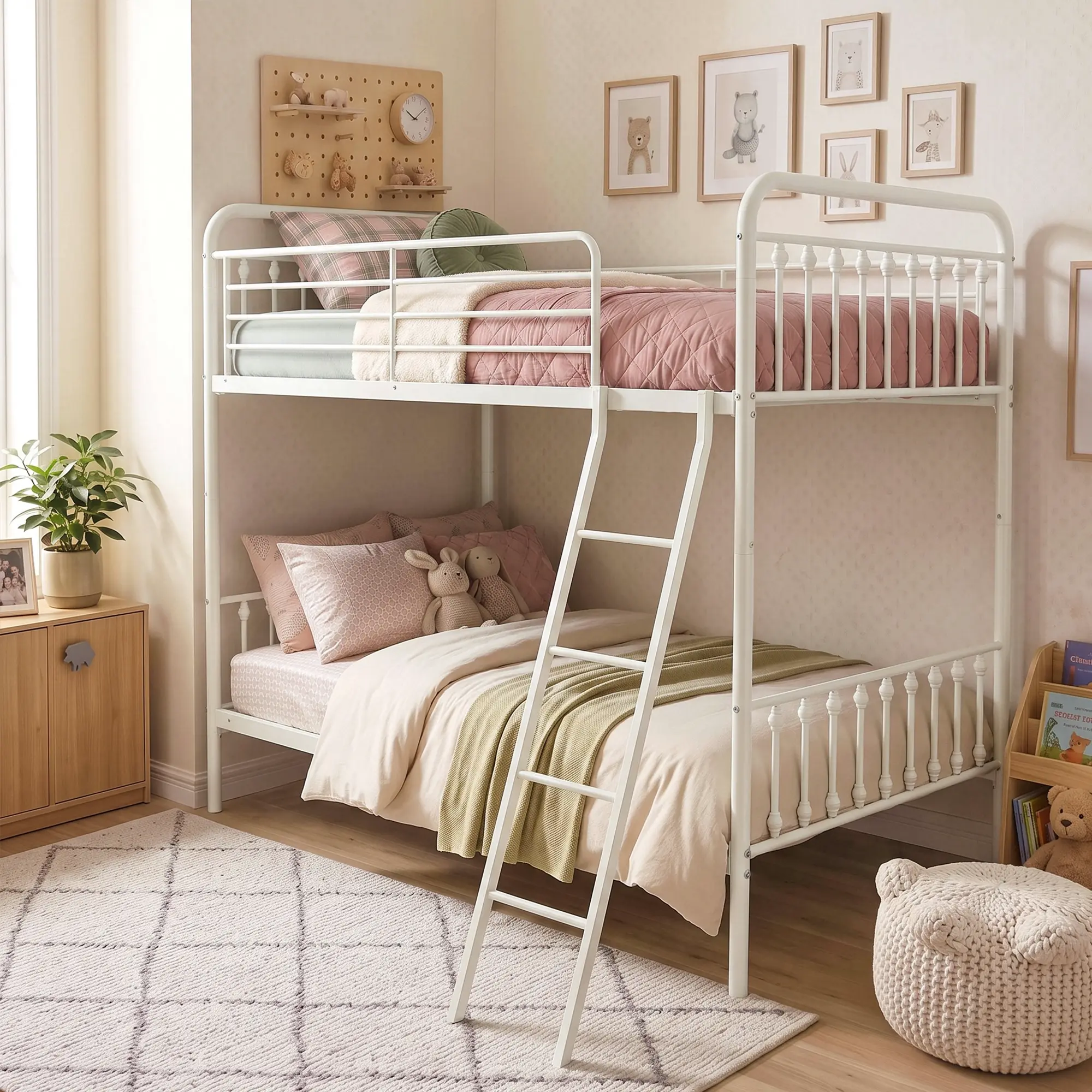 Muticor Convertible Twin Over Twin Metal Bunk Bed, CPC Certified, Victorian Iron-Art Headboard and Footboard, Space-Saving Design with Full-Length Guardrail & Ladder, No Box Spring Needed