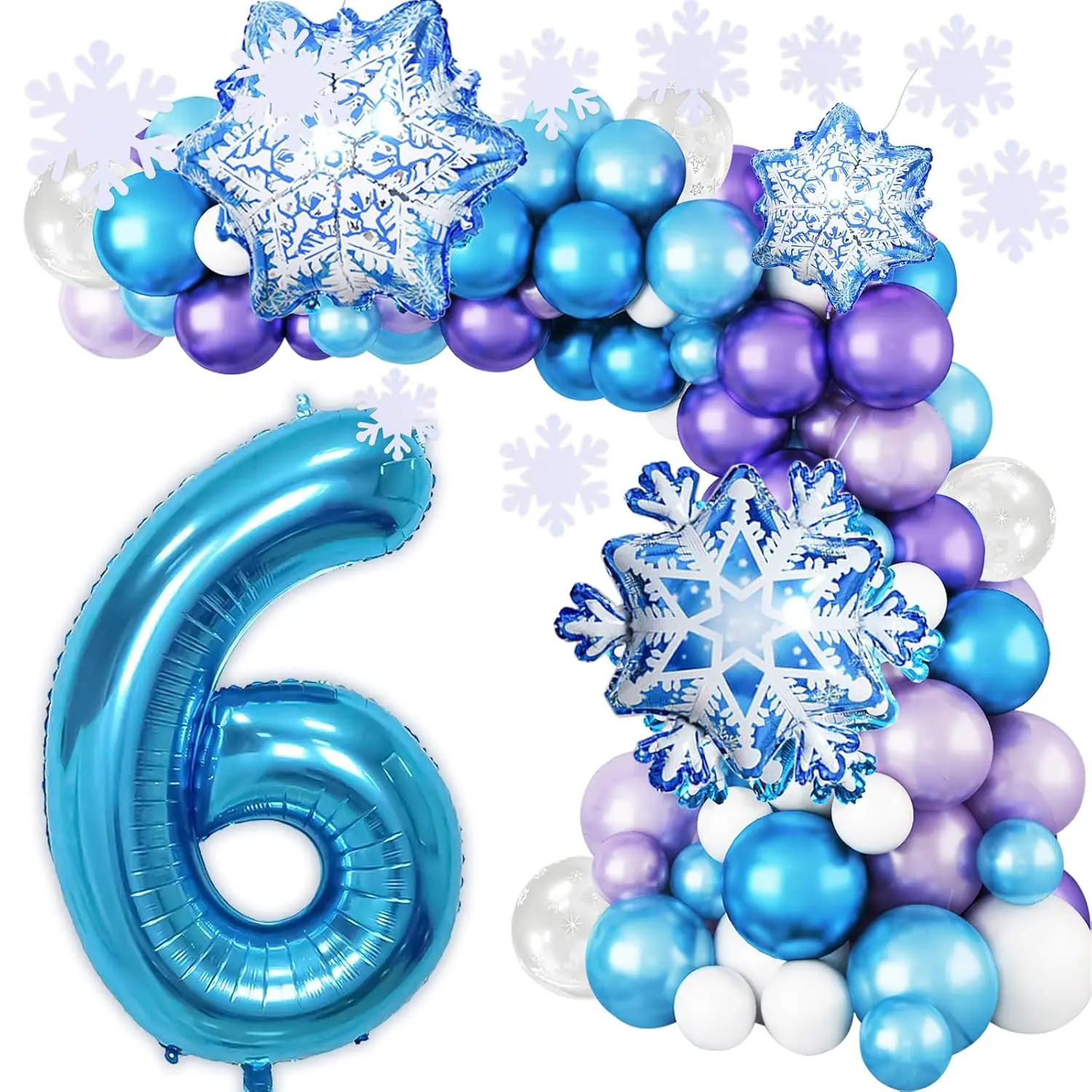 Girls Frozen Balloon Garland Arch 63pcs Blue, Purple, White Balloons with Number 6 Foil
