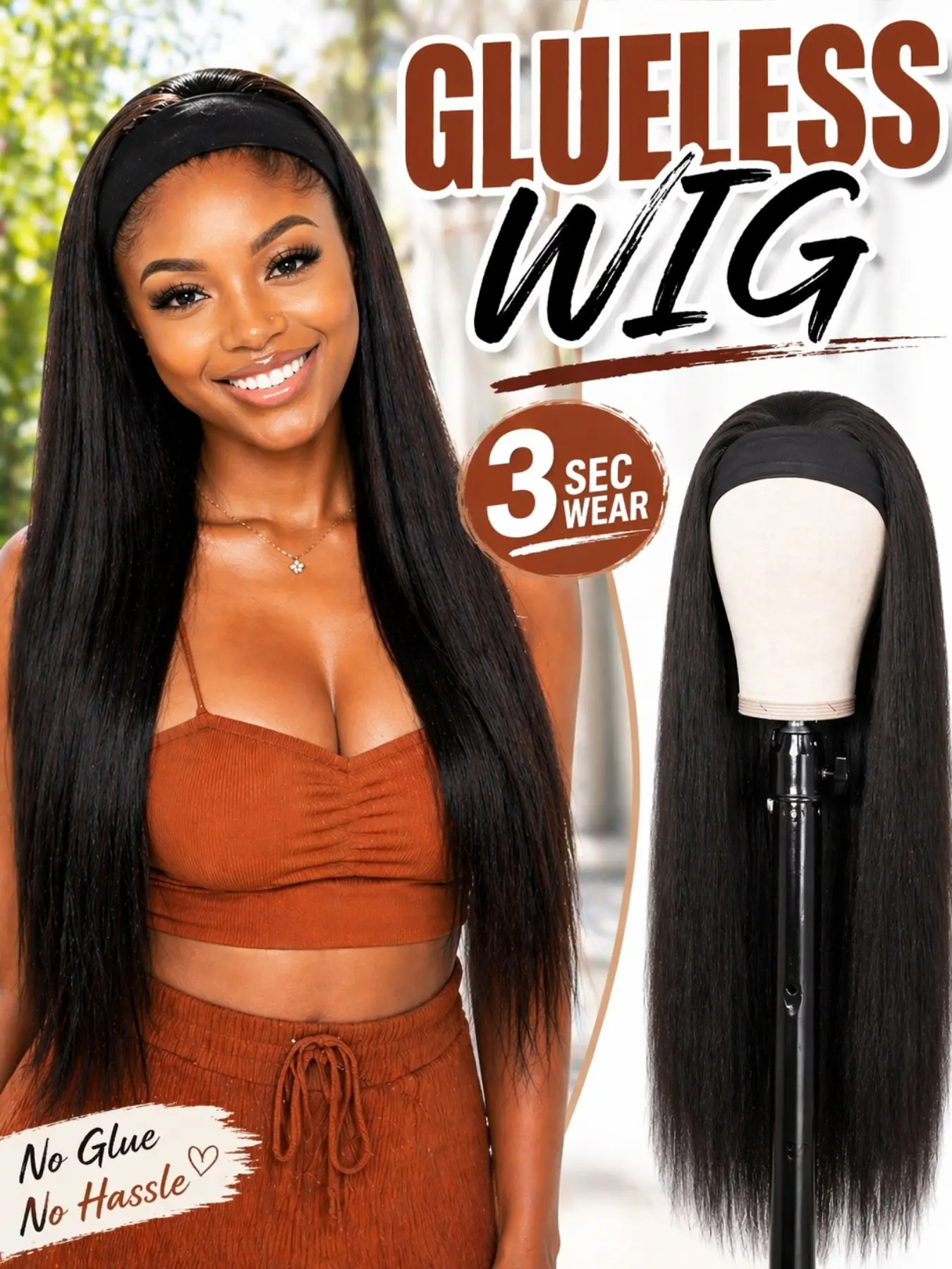 Glue-Free Hairband Wig, 26-Inch Straight Hair, Beginner-Friendly, Quick-Attach, Natural Hairline, Versatile Wig for Daily Use, Synthetic Material Wigs