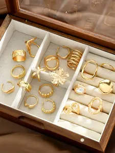 Women's Chunky Flower Ring Set, Elegant Fashion Rings, Irregular Line Hollow Wide Face Rings, Daily Date Vacation Party Gift, No Box Included